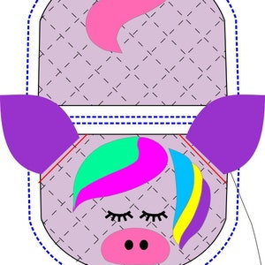 May include: A purple and pink unicorn-themed fabric pouch with a pink tail, purple ears, and a rainbow mane. The pouch has a quilted pattern and a pink pig nose.