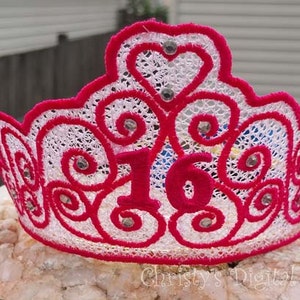 Tiara birthday hairband headband Crown freestanding lace machine embroidery design with numbers included embroidery machine files