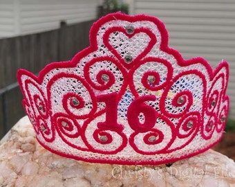Tiara birthday hairband headband Crown freestanding lace machine embroidery design with numbers included embroidery machine files