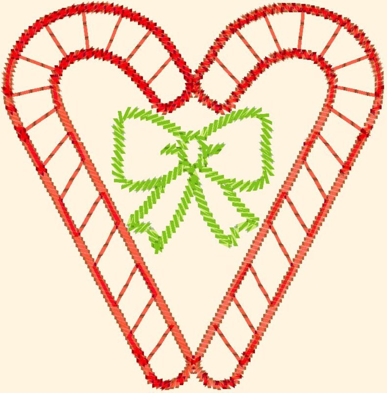 Op de afbeelding: Een rood en wit hart in de vorm van een snoepstok met een groene strik in het midden. De snoepstokken zijn rood omrand en hebben witte strepen. De strik is gemaakt van groene en witte strepen.