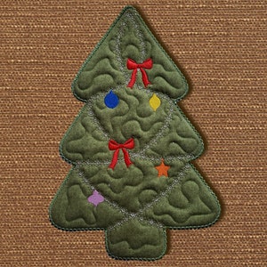 May include: A green felt Christmas tree ornament with red bows, blue, yellow, and purple ornaments, and a silver glitter string of lights.