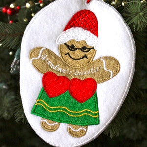 Ginger grandma felt in the hoop ornament,  includes designs for 1-5 grandkids., digital file