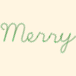 Puede incluir: La palabra "Merry" está bordada en una fuente cursiva con hilo verde sobre un fondo beige claro.