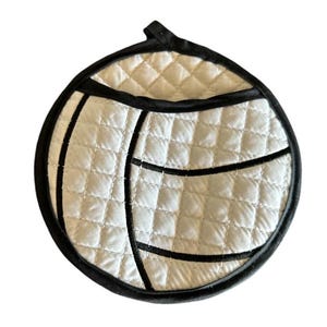 May include: White quilted oven mitt with a black embroidered volleyball design.