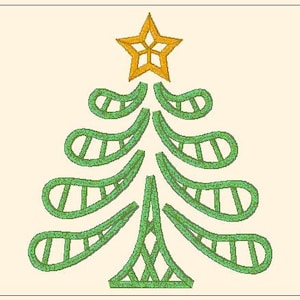 May include: A stylised green Christmas tree with a yellow star on top. The tree is made up of curved lines that resemble branches.
