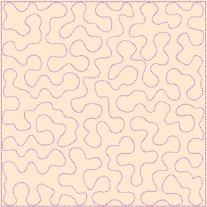 May include: A quilted fabric with a cream-colored background and a repeating pattern of purple, meandering lines. The lines are stitched, creating a textured effect. The edges are finished with a dotted border.