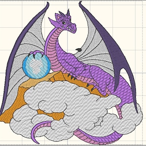 May include: A purple dragon with a light blue orb in its claws, sitting on a gray cloud with orange accents. The dragon has a light purple body and dark purple wings.