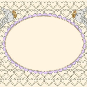 May include: A light beige background with a pattern of small, gray hearts. A purple oval frame with a gold rope border surrounds a blank space. Two white doves with gold rings in their beaks are on either side of the frame.