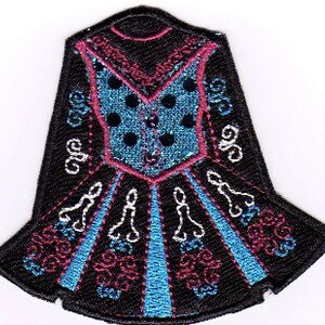 May include: An embroidered iron-on patch of a blue and pink Irish dance dress with white accents.