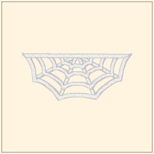 May include: White spider web design. The web is made of a series of curved lines that create a web-like pattern.