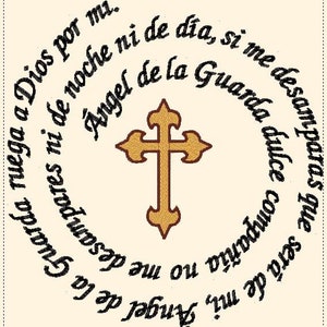 May include: A white background with a gold cross in the center. The cross is surrounded by a black circle with the text "Angel de la Guarda ruega a Dios por mi. esampares ni de noche ni de dia, si me desamparas que será de mi, dulce compañía" in Spanish.