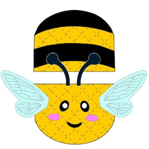 Puede incluir: Una abeja amarilla y negra con una cara sonriente y alas azules. La abeja tiene un patrón de panal en su cuerpo.