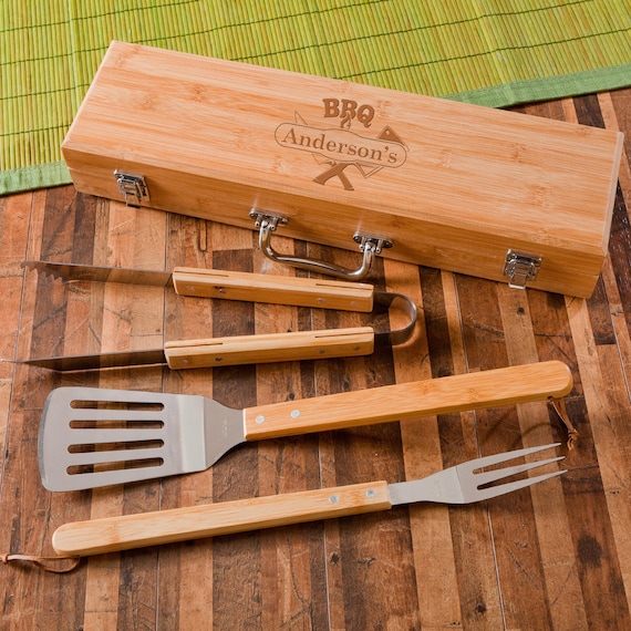 Personalized BBQ Grilling Set with Bamboo Case