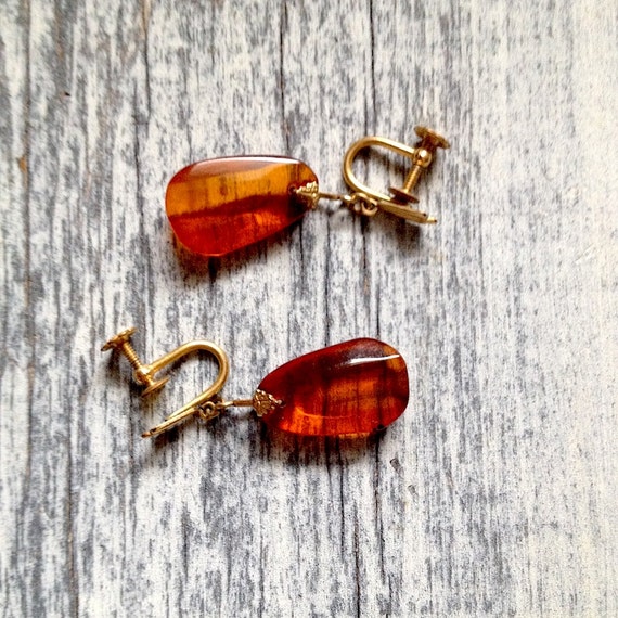 Vintage Genuine Amber and 14k Screw On Earrings