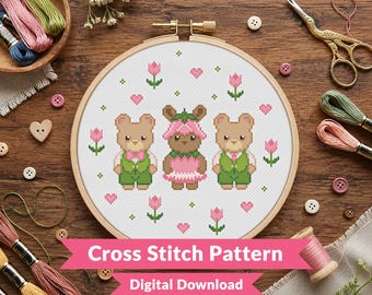 Tulip Critters Cross Stitch Pattern - Cute Bunny & Bear - Spring Flower Kawaii Animal - Floral Nursery Decor -  Beginner (PDF Download)