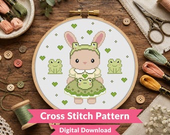 Frog Woodland Critter Cross Stitch Pattern - Cute Kawaii Rabbit | Frog Inspired Costume - Kawaii Animal - Beginner (PDF Download)