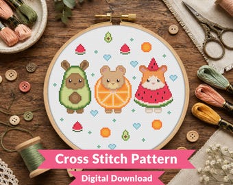 Fruit Critters Cross Stitch Pattern - Cute Avocado, Orange & Watermelon Animal Design - Kawaii Animal - Beginner (PDF Download)