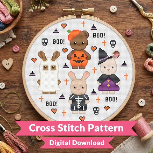Halloween Critters Cross Stitch Pattern - Sylvanian Families Inspired - Woodland Animals (PDF Download)