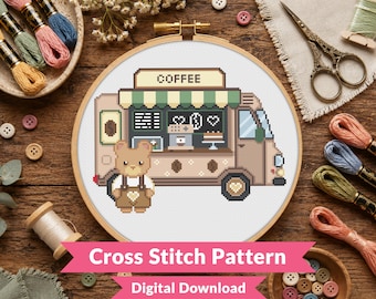 Coffee Critter Truck Van Cross Stitch Pattern - Cute Bunny Critter - Kawaii Animal - (PDF Download)