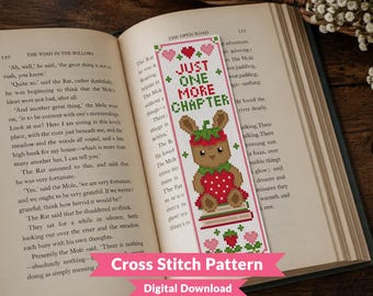 Strawberry Critter Bookmark Cross Stitch Pattern - Cute Bunny - Kawaii Animal - Just One More Chapter - Beginner (PDF Download)