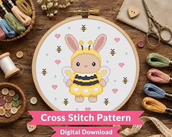 Bumblebee Critter Cross Stitch Pattern - Cute Kawaii Rabbit | Bumble Bee Costume - Kawaii Animal - Beginner (PDF Download)