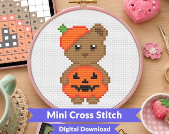 Mini Pumpkin Critter Cross Stitch Pattern - Cute Autumn Bear Design - Kawaii Animal - Small Quick Project - Beginner (PDF Download)