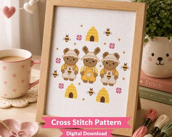 Beekeeper Critters Cross Stitch Pattern - Cute Bumble Bee Bunny & Bear Animal - Cosy Kawaii Animal - Beginner (PDF Download)
