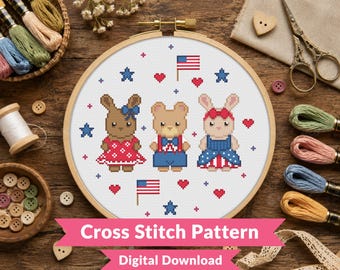 Independence Day Critters Cross Stitch Pattern - Cute 4th July Design - Kawaii Animal - Beginner (PDF Download)