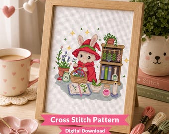 Herbalist Critter Cross Stitch Pattern - Cute Witch Bunny - Magical Cottagecore - Kawaii Herbology Animal  - Intermediate (PDF Download)