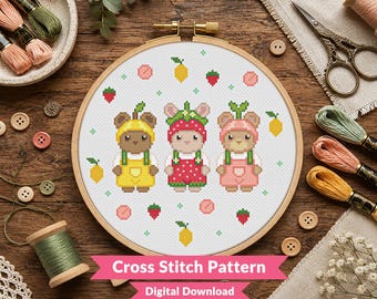 Fruit Critters Cross Stitch Pattern - Cute Strawberry Bunny, Lemon Bear & Peach Bear - Kawaii Animal - Floral Nursery Decor - (PDF Download)