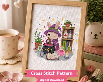 Potion Brewer Critter Cross Stitch Pattern - Cute Witch Bunny - Magical Cottagecore - Kawaii Animal  - Intermediate (PDF Download)