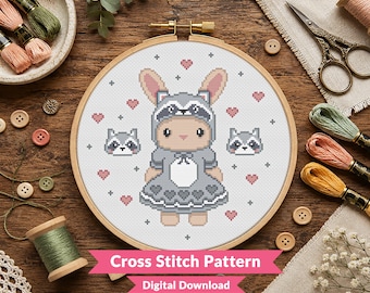 Racoon Critter Cross Stitch Pattern - Cute Cute Woodland Bunny Design - Kawaii Animal - Beginner (PDF Download)
