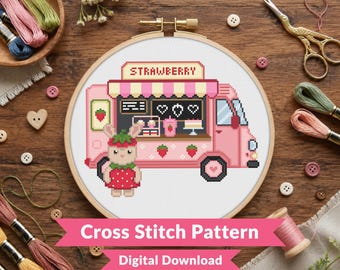 Strawberry Sweetheart Critter Food Truck Van Cross Stitch Pattern - Cute Bunny Critter - Kawaii Animal - (PDF Download)