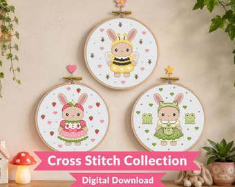 Woodland Rabbit Critter Cross Stitch Pattern Bundle - Cute Kawaii Strawberry, Bumble Bee & Frog - Kawaii Animal - Beginner (PDF Download)
