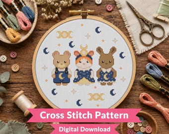 Moon Critters Cross Stitch Pattern - Cute Cat, Bunny & Bear - Celestial Kawaii Animal - Lunar Nursery Decor -  Beginner (PDF Download)
