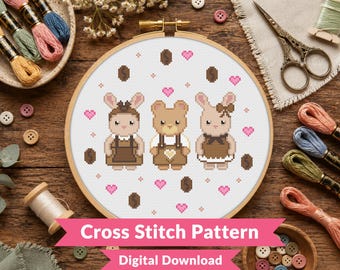 Coffee Critters Cross Stitch Pattern - Cute Barista Bunny & Bear Animal Design - Coffee Shop Kawaii Animal - Beginner (PDF Download)