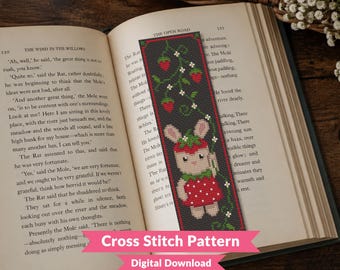 Strawberry Critter Bookmark Cross Stitch Pattern - Cute Bunny with Strawberry Vine - Kawaii Animal - Beginner (PDF Download)