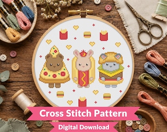 Fast Food Cute Critters Cross Stitch Pattern - Cute Pizza Bear, Hot Dog Bunny & Burger Cat - Kawaii Animal - Beginner (PDF Download)