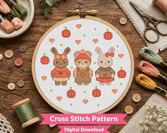 Pumpkin Spice Critters Cross Stitch Pattern - Cute Bunny & Bear Autumn / Fall Animal - Cosy Kawaii Animal - Beginner (PDF Download)