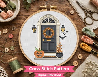 Halloween Front Door Cross Stitch Pattern - Cute Cozy Autumn / Halloween Seasonal Home / House Decor - Pumpkin - Beginner (PDF Download)