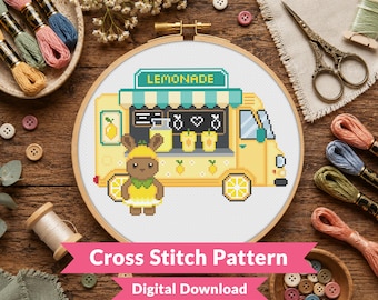 Lemon Critter Lemonade Truck Van Cross Stitch Pattern - Cute Bunny Critter - Kawaii Animal - (PDF Download)