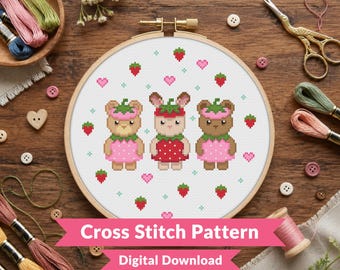 Strawberry Critters Cross Stitch Pattern - Sylvanian Families Inspired - Woodland Animals (Digital Download)
