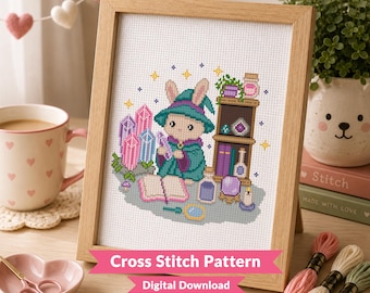 Crystal Critter Cross Stitch Pattern - Cute Witch Bunny - Magical Cottagecore - Kawaii Animal  - Intermediate (PDF Download)