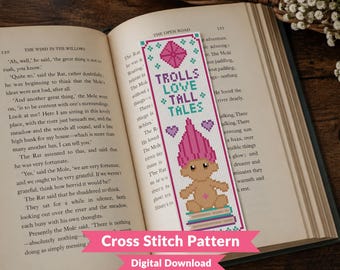 Pink Troll Bookmark Cross Stitch Pattern - Cute Fantasy Reader Bookmark PDF - Kawaii - Beginner (PDF Download)
