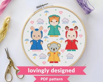 Baby Critters In Raincoats - Cross Stitch Pattern - Digital File - INSTANT DOWNLOAD