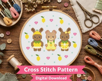 Lemon Critters Cross Stitch Pattern - Cute Bunny & Bear Animal Design - Summer Citrus Kawaii Animal - Beginner (PDF Download)