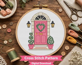 Valentine's Front Door Cross Stitch Pattern - Cute Pink Cottage Door - Heart Wreath - Seasonal Home / House Decor - Beginner (PDF Download)