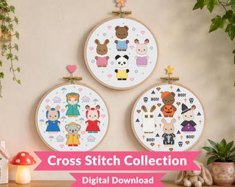 Woodland Critter Cross Stitch Pattern Bundle - Cute Kawaii Baby, Raincoat & Halloween - Kawaii Animal - Beginner (PDF Download)