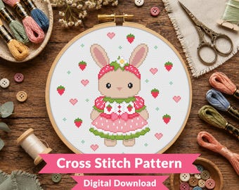 Strawberry Critter Cross Stitch Pattern - Cute Bunny Design - Kawaii Animal - Beginner (PDF Download)
