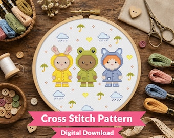 Rainy Day Cute Critters Cross Stitch Pattern - Cute Bunny, Bear & Cat in Raincoats - Kawaii - Beginner (PDF Download)